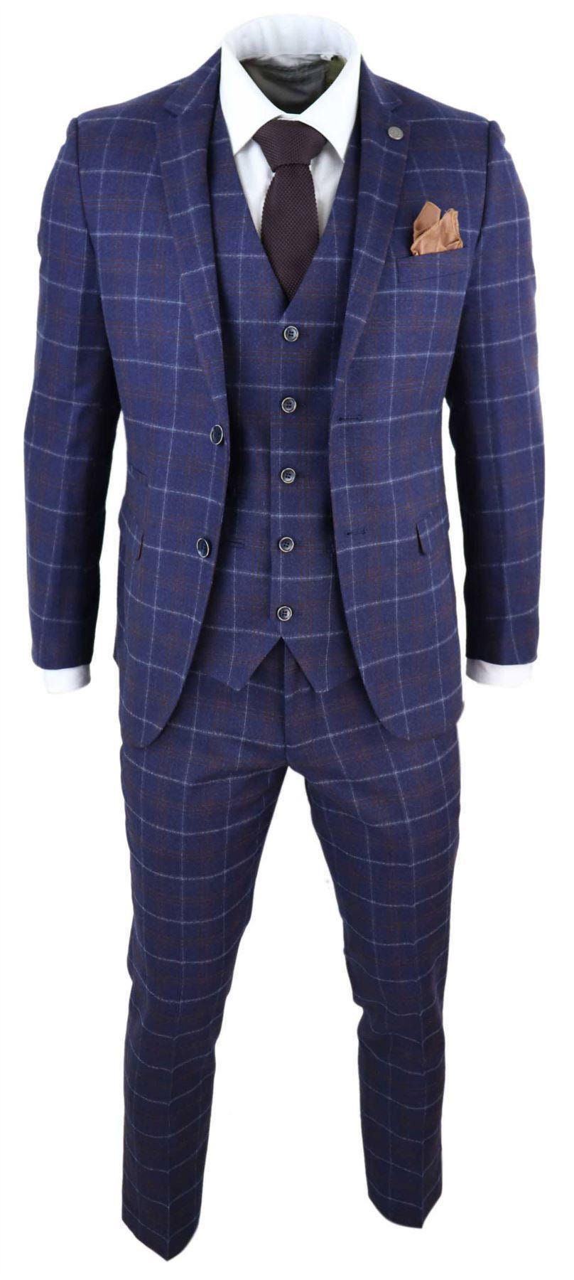 Mens 3 Piece Blue Suit Herringbone Tweed Check Tailored Fit - Etsy UK