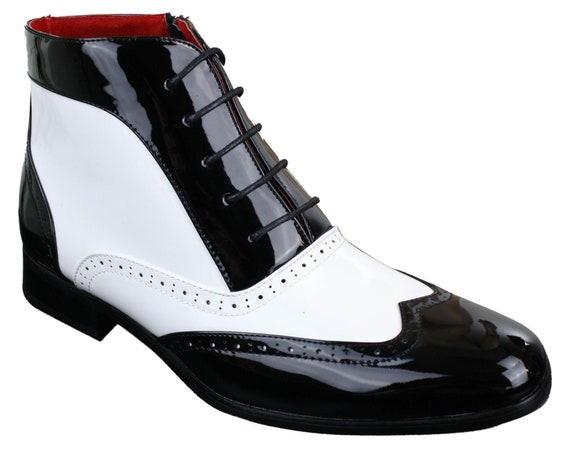 Mens Shiny Patent Brogues Ankle Shoes Boots Laced Smart Casual White Black