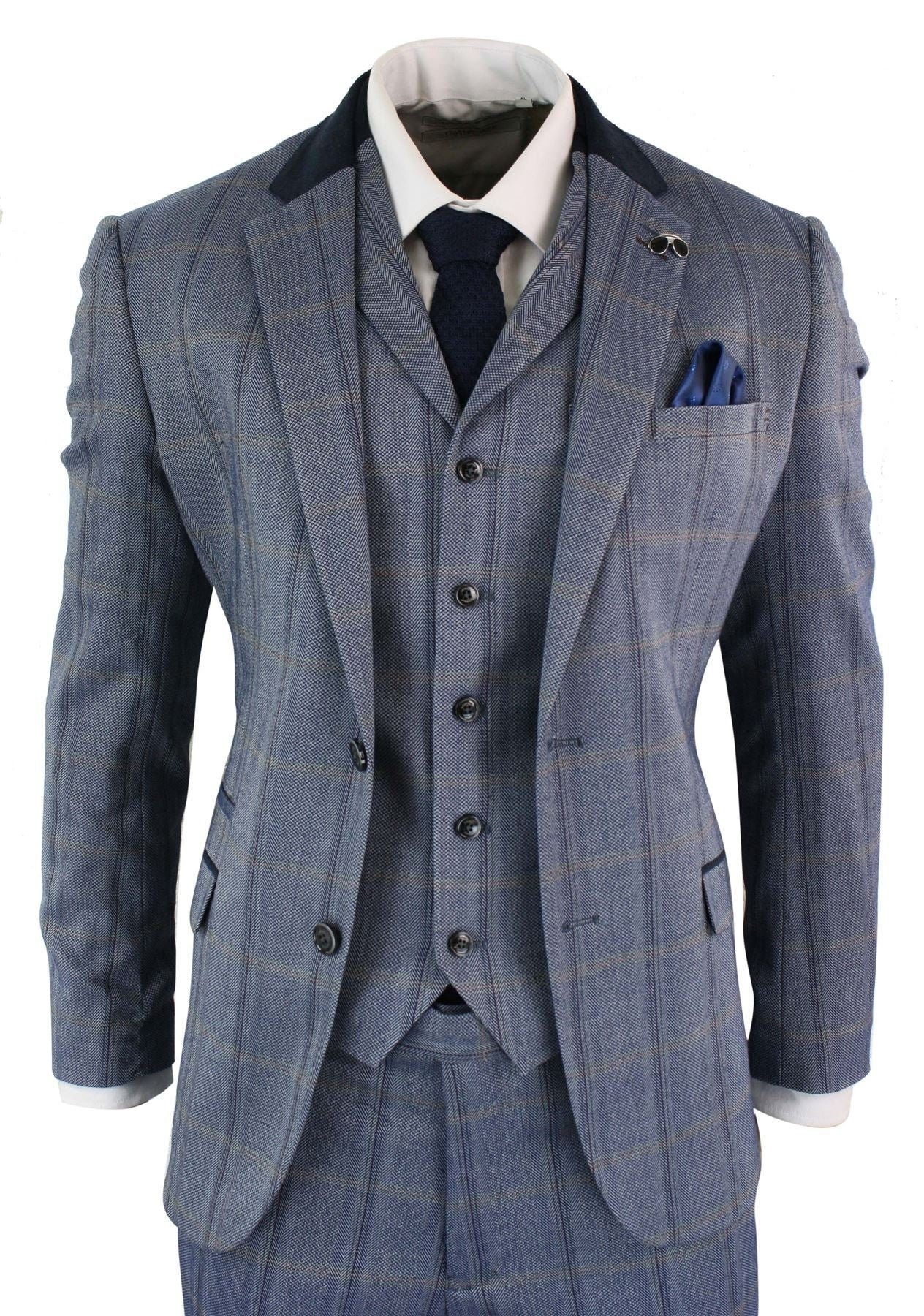 Mens Check Tweed 3 Piece Blue Navy Suit Vintage Retro Tailored - Etsy UK