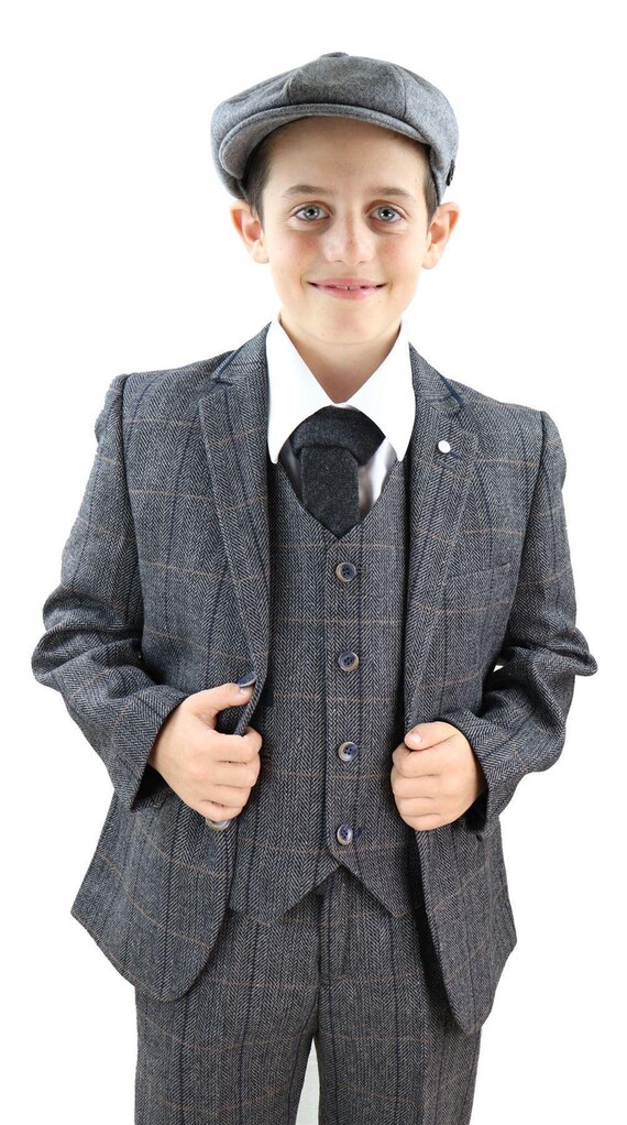 Boys 3 Piece Suit Grey Tweed Check 