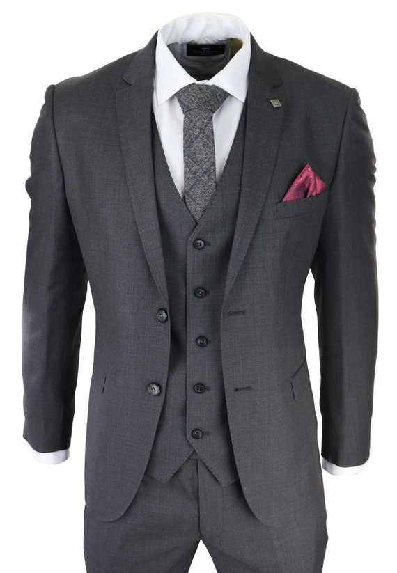 Mens Dark Grey Charcoal 3 Piece Suit Classic Stitch Wedding Etsy