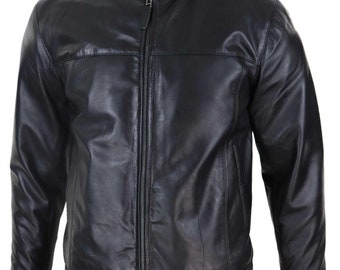 Mens Classic Zip Real Leather Jacket Nehru Grandad Collar Biker
