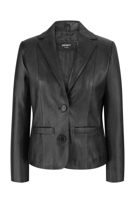 Ladies black blazer jacket classic real leather button fitted Etsy