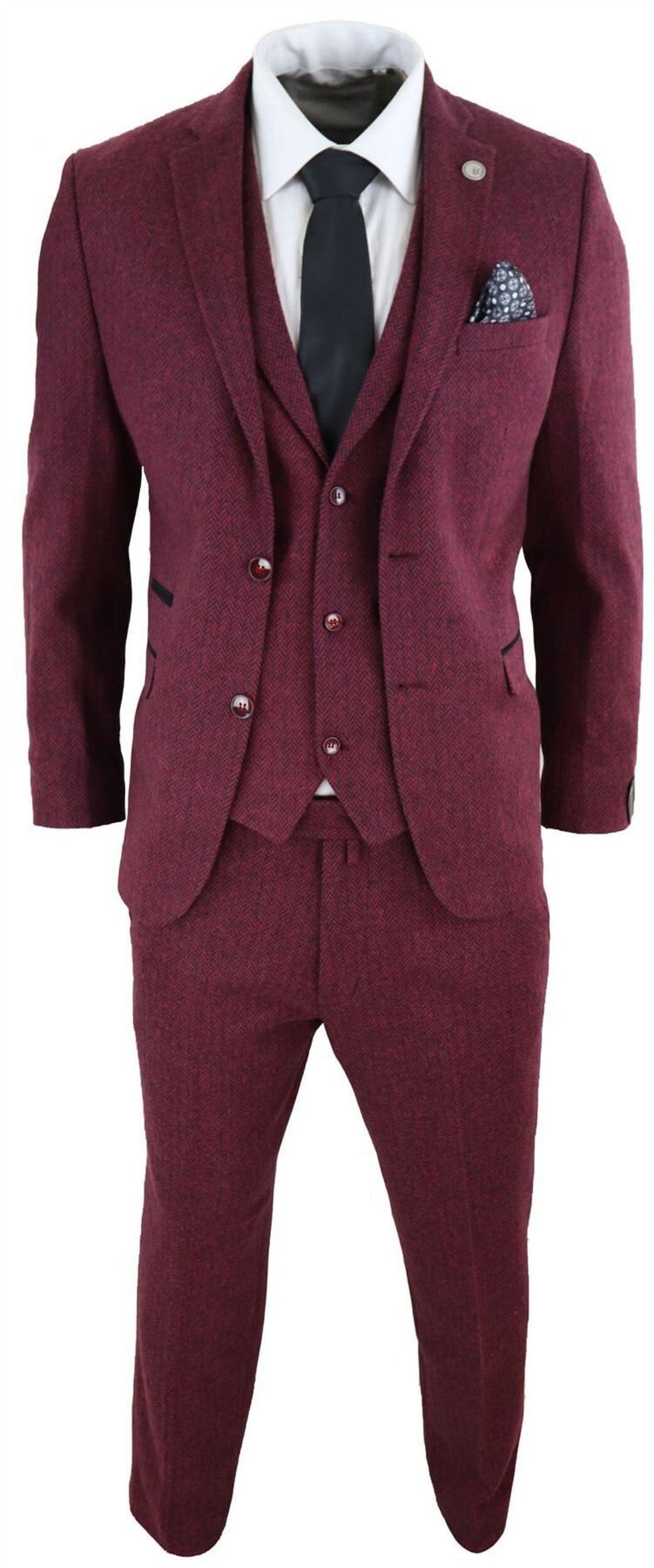 Mens Wool 3 Piece Suit Tweed Burgundy Black Tailored Fit - Etsy UK