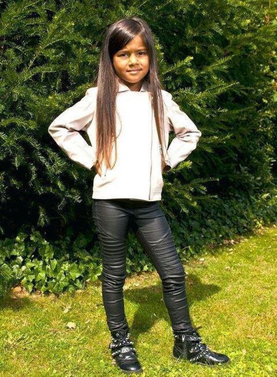 Girls Kids Real Leather Biker Style Jacket Cross Zip Black Pink