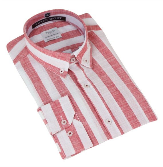 Mens Stripe Shirt Linen Cotton Button 