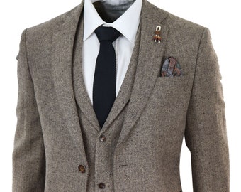 Mens oak 3 piece tweed suit herringbone wool vintage retro fit