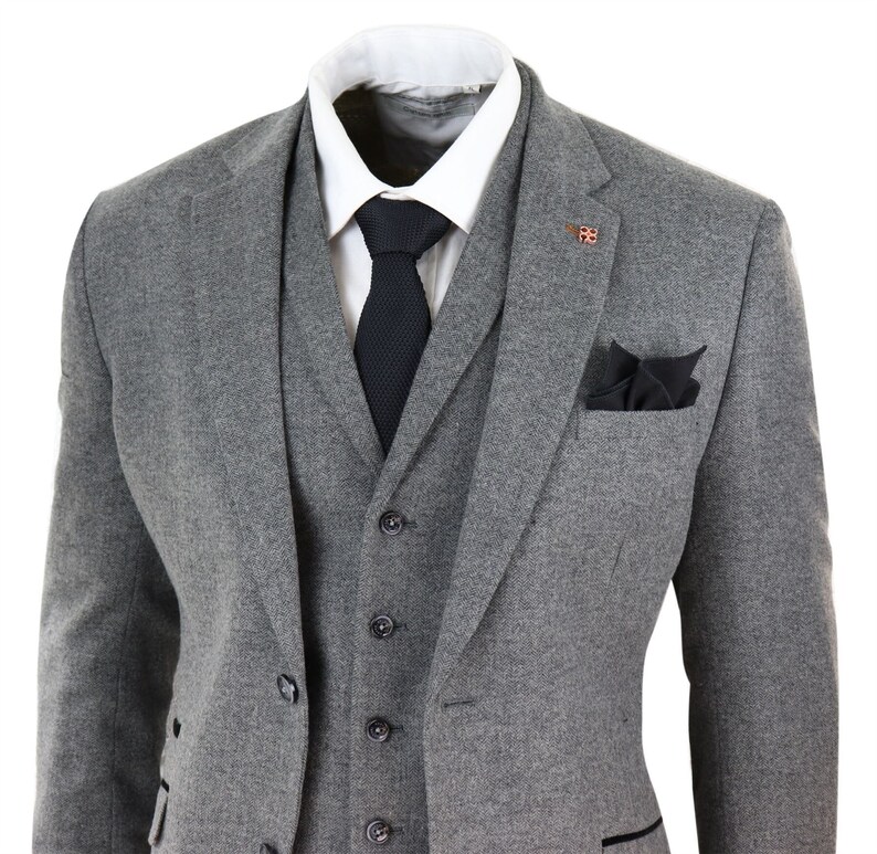 Mens 3 Piece Wool Suit Herringbone Tweed Dark Grey Formal Etsy UK