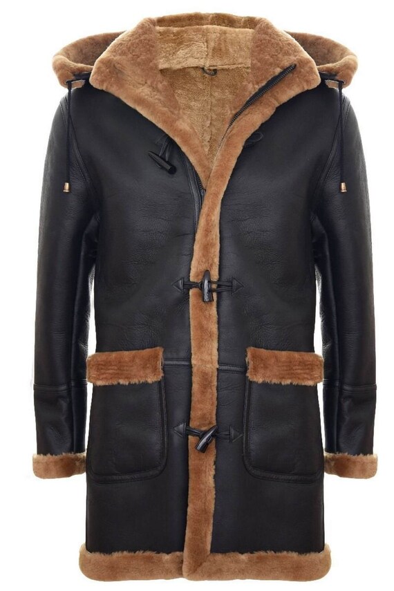 Men s Brown Shearling Sheepskin Duffle Coat Etsy Ireland