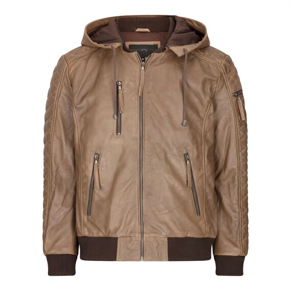 Men's vintage leather hooded jacket Clearance