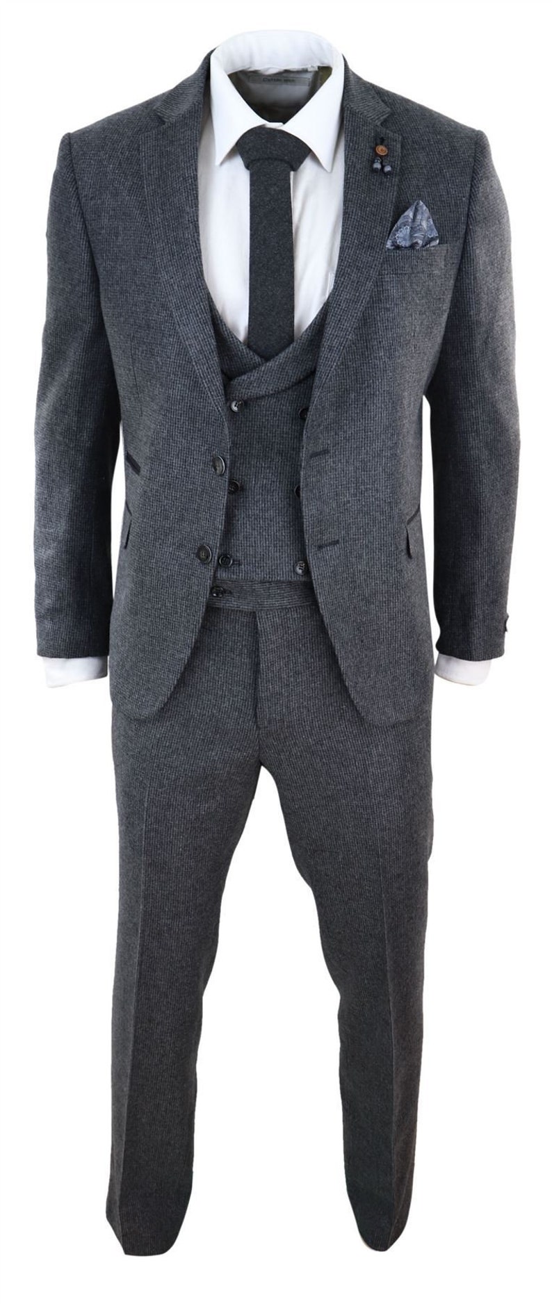 Mens Wool 3 Piece Grey Suit Double Breast Waistcoat Tweed | Etsy