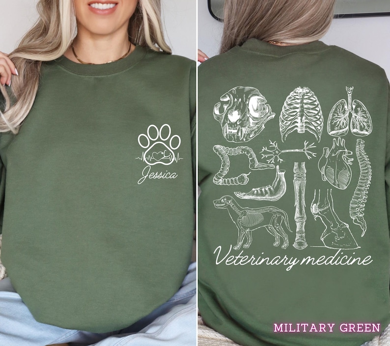 May include: A green sweatshirt with a white paw print and the text "Veterinary medicine" on the back. The front of the sweatshirt has a white paw print with a heartbeat and the name "Jessica" underneath.