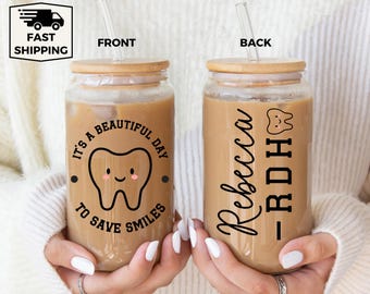 Custom Dental Glass Tumbler, Personalized Dental Hygiene Gift, Dental Hygienist Coffee Cup with Lid Dentist Gift, Dental Grad Assistant Gift
