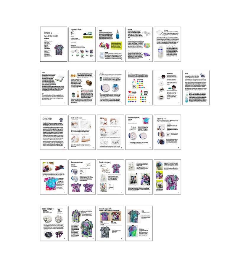 Puede incluir: Una gu&iacute;a de te&ntilde;ido anudado con instrucciones sobre c&oacute;mo te&ntilde;ir una camiseta usando la t&eacute;cnica de te&ntilde;ido con hielo. La gu&iacute;a incluye ejemplos de diferentes patrones de te&ntilde;ido con hielo y combinaciones de colores.