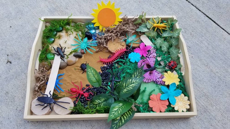 May include: A wooden tray filled with a variety of nature-themed toys, including a yellow sun, green leaves, a red centipede, a blue butterfly, and several black and blue insects. The tray is filled with brown sand, black beans, and green moss.