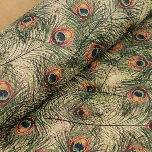 May include: Peacock feather pattern wrapping paper with a vintage aesthetic. The paper features a repeating pattern of green, blue, and orange peacock feathers on a cream background.
