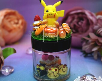 Mini terrarium with Pikachu figure as a cute decoration for the gaming room