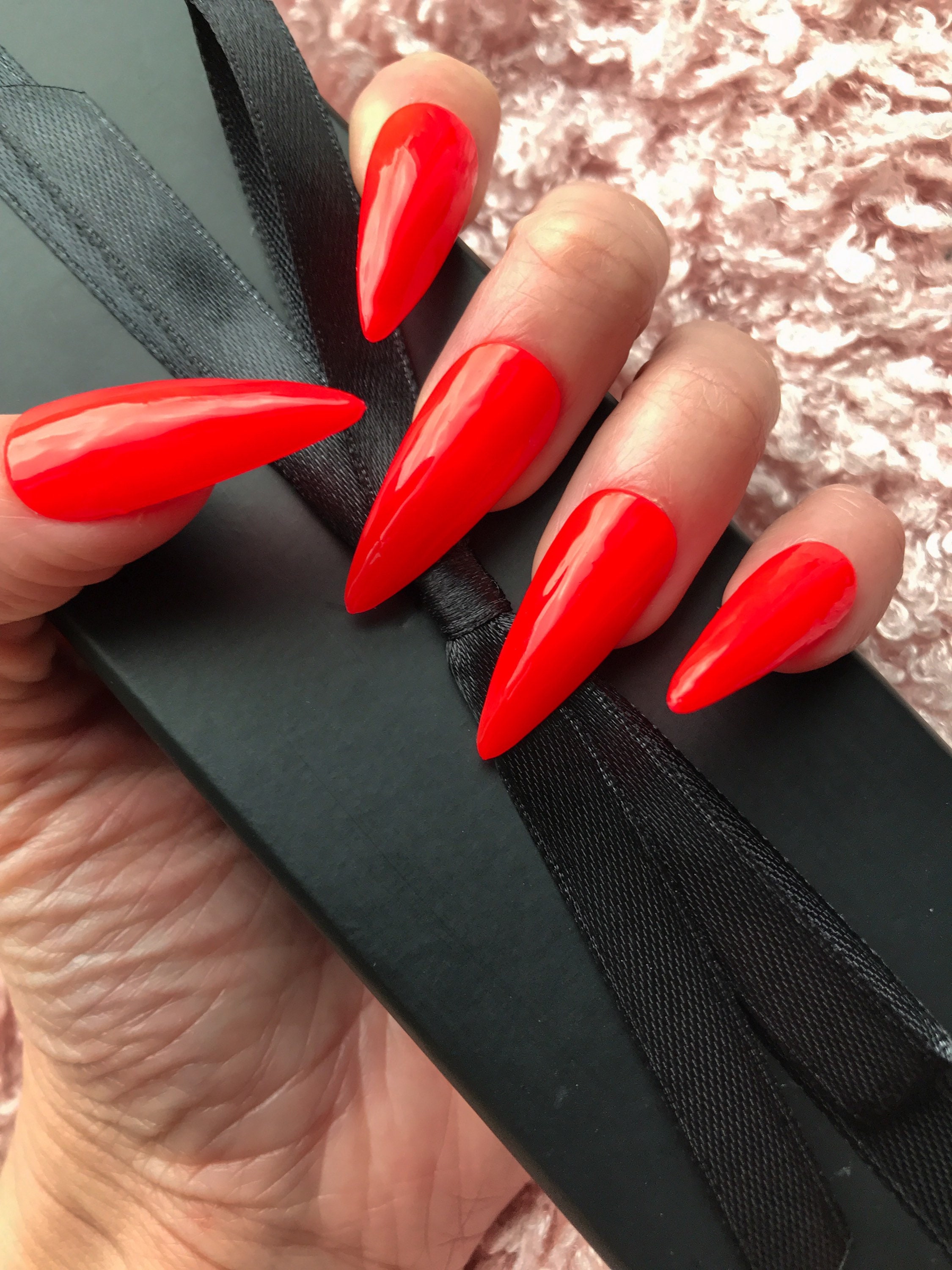 Fiery Red Press On Nails stick on nails in the uk-long nails | Etsy