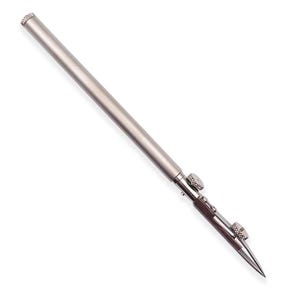 May include: A silver-coloured drafting compass with a pointed tip and adjustable knobs. The compass has a long, cylindrical body, designed for precision drawing and measurement. The tool is set against a white background.