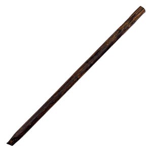 Può includere: Un bastone di legno lungo, sottile e cilindrico con una finitura marrone scuro screziata. La superficie mostra venature e texture naturali del legno lungo tutta la sua lunghezza, restringendosi leggermente verso un'estremità e dritto.