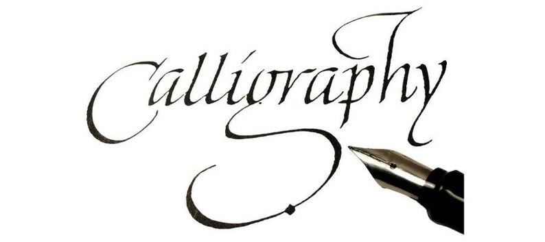 May include: Calligraphy lettering with a black ink pen and a black inkwell.