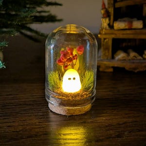 May include: A small, clear glass dome with a cork base containing a glowing, white, ghost-shaped figure with two black eyes. Inside the dome, the ghost is surrounded by green artificial grass and a small branch with red berries, illuminated by a warm light.