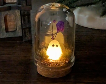 Puede incluir: Una pequeña cúpula de cristal con base de corcho que contiene una figura de fantasma blanca brillante, musgo verde y una ramita de flores secas moradas. El fantasma tiene dos ojos negros y emite una luz amarilla cálida.