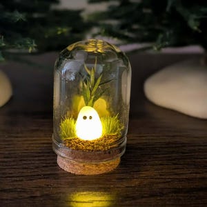 May include: A small glass cloche with a cork base containing a glowing white ghost figure with two black eyes. Inside the dome, the ghost sits on a brown textured surface surrounded by patches of green grass and a small green plant sprig.