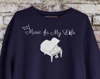 Music is My Life Sweatshirt - Piano Violin and Viola Music Gift Crewneck - I Love Music Piano Teacher Shirt & Music Notes