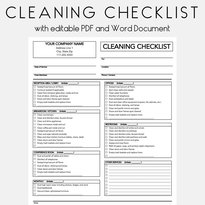 Professional Residential Cleaning Checklist. Editable House | Etsy
