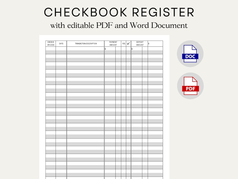 Printable Checkbook Register. PDF File. Prints on 8 1/2 X 11 Inch Paper ...