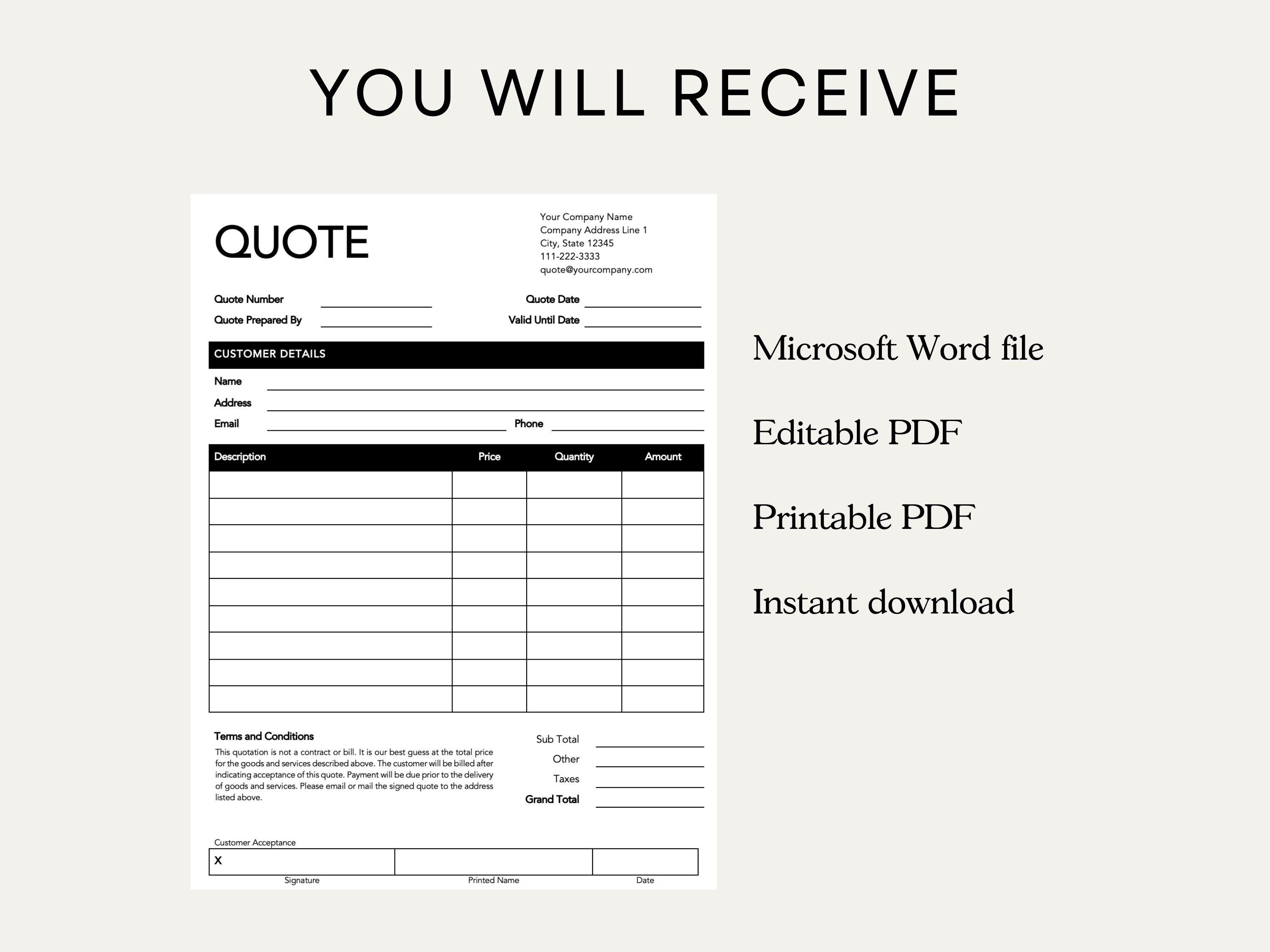 Quote Template. Pdf/microsoft Word. Quote Form. Job Quote. Job Proposal