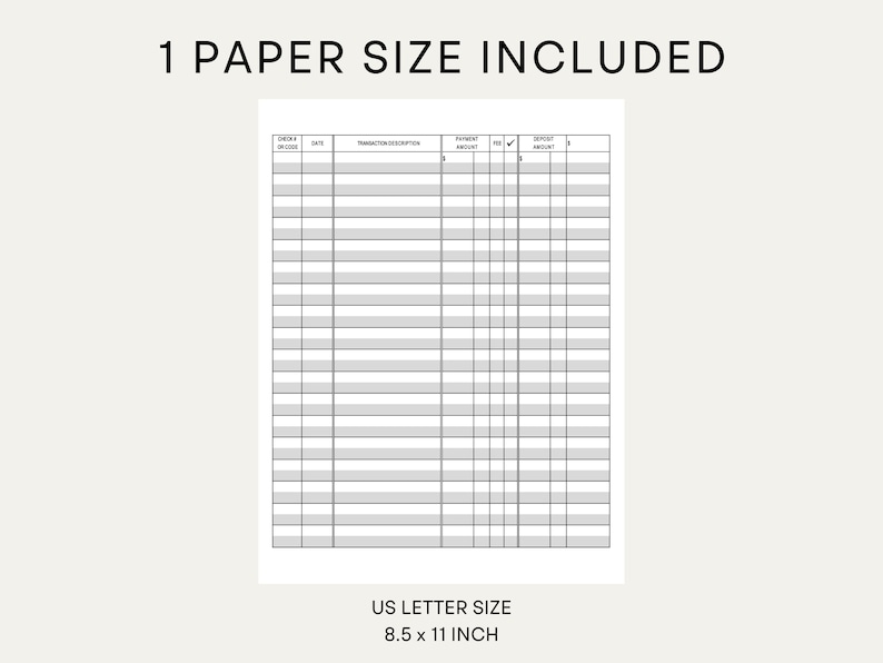 Printable Checkbook Register. PDF File. Prints on 8 1/2 X 11 Inch Paper ...