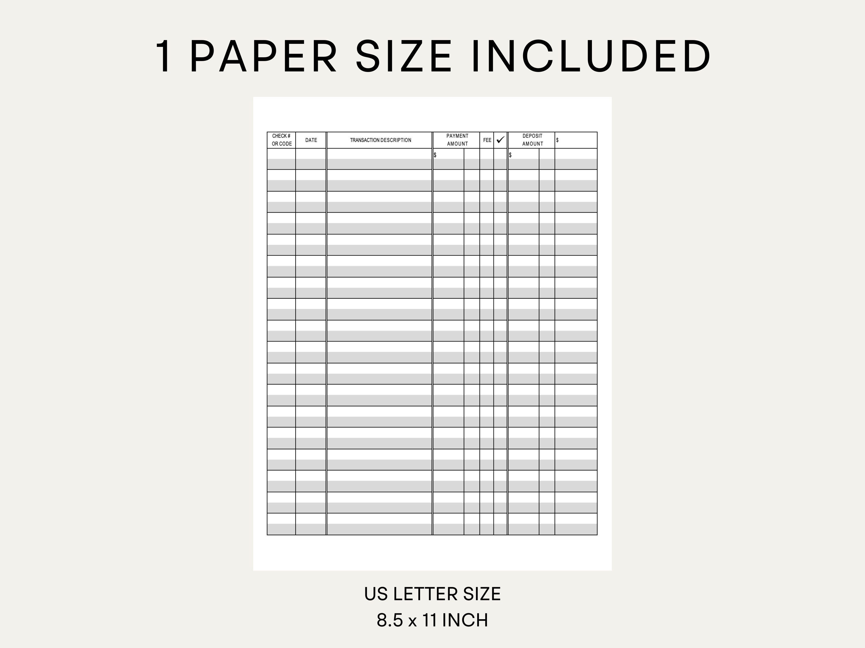 Printable Checkbook Register. PDF File. Prints on 8 1/2 X 11 Inch Paper