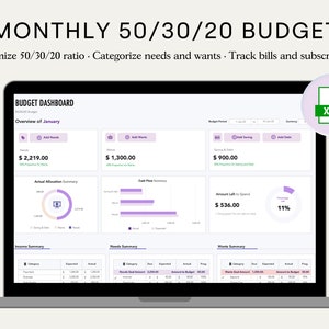 50/30/20 Monthly Budget Spreadsheet Excel Budget Planner Budget Template Excel Finance Tracker 70/20/10 Digital Budget Planner