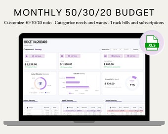 50/30/20 Monthly Budget Spreadsheet Excel Budget Planner Budget Template Excel Finance Tracker 70/20/10 Digital Budget Planner