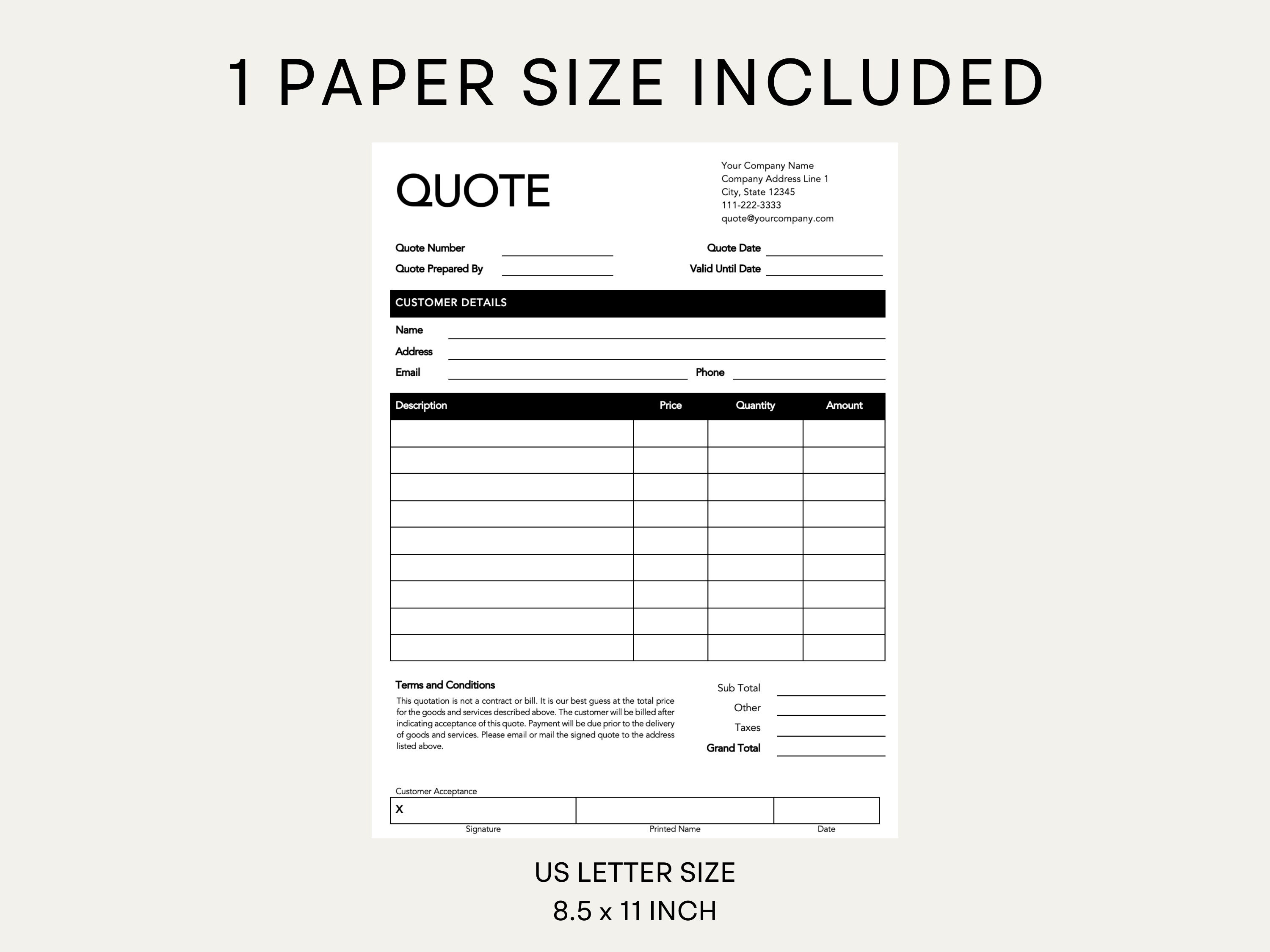 Quote Template. Pdf/microsoft Word. Quote Form. Job Quote. Job Proposal
