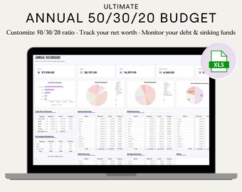 50/30/20 Annual Budget Planner Monthly Budget Spreadsheet Excel Template 70/20/10 Yearly Budget Tracker Digital Budget Planner