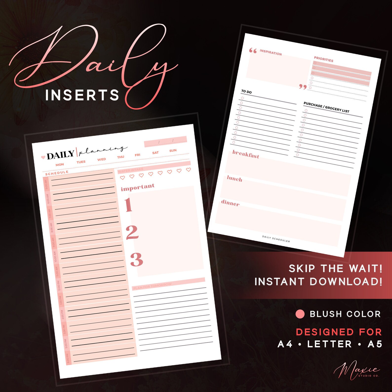 Daily Printable Planner Inserts Blush Pink Includes Etsy