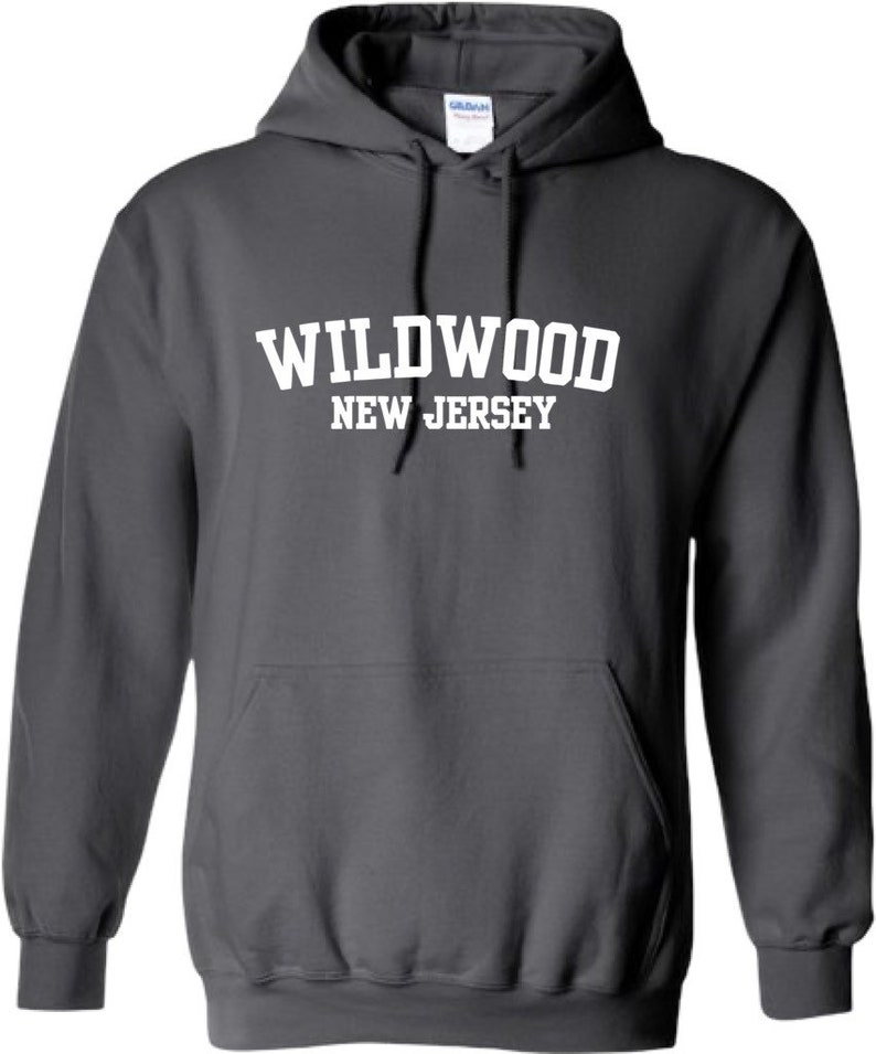 May include: A dark gray hooded sweatshirt with the text "WILDWOOD NEW JERSEY" printed in white on the front.