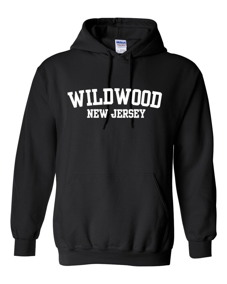 May include: Black hooded sweatshirt with white text that reads "WILDWOOD NEW JERSEY".
