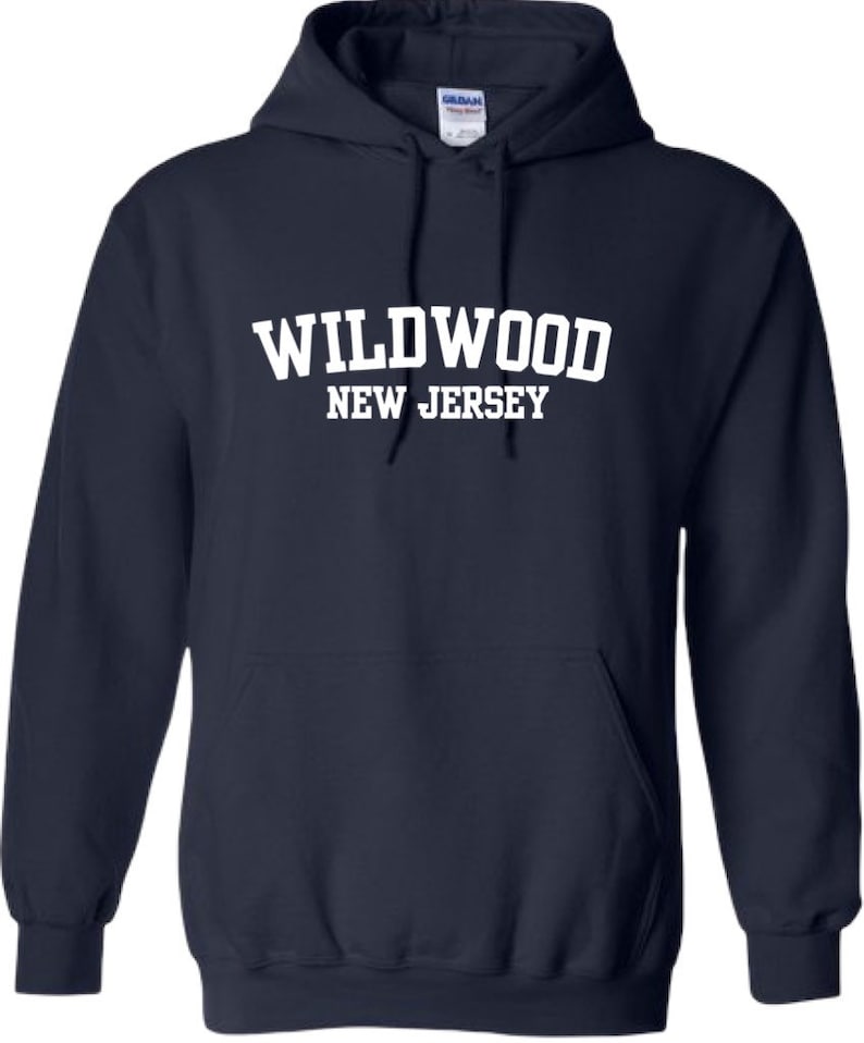 May include: Navy blue hooded sweatshirt with white text that reads "WILDWOOD NEW JERSEY".