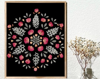 Paradise | Pressed Flower Art, Colorful Bohemian Wall Art, Geometric Botanic Poster, Bohohome Flower Prints, Eclectic Floral Mandala