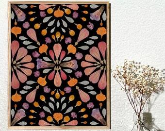 Stained Glass | Pressed Flower Art, Colorful Bohemian Wall Art, Geometric Botanic Poster, Bohohome Flower Prints, Eclectic Floral Mandala