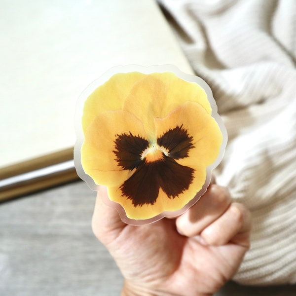 Yellow Pansy | Dried Flower Waterproof Transparent Sticker, Cute Vinyl Plant Laptop Sticker Aesthetic