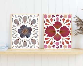 Bohemian Wall Art Set of 2 Pressed Flower Art Prints Boho Home Decor Real Flower Wall Art Floral Mandala Art Nature Inspired Wall Art