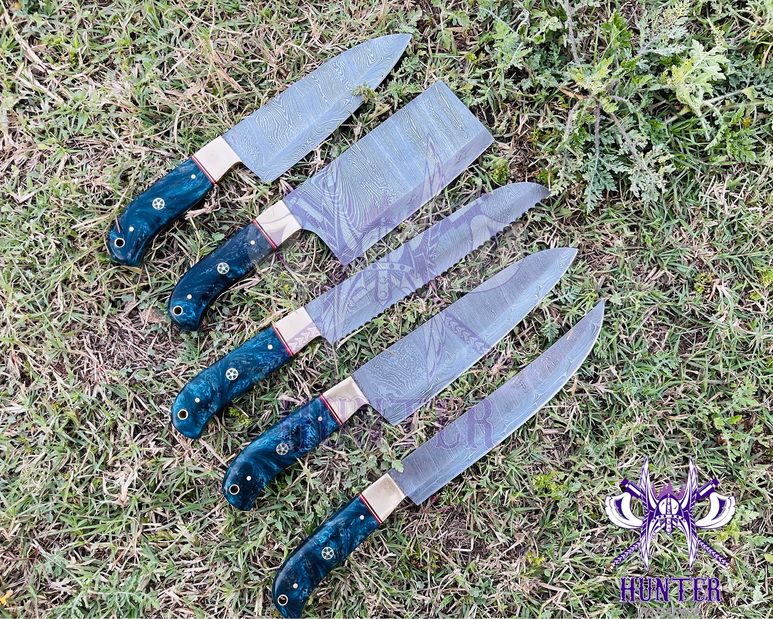 Randy,Custom made damascus steel kitchen/chef's knife set with leather roll  bag DR-1061-B-6.