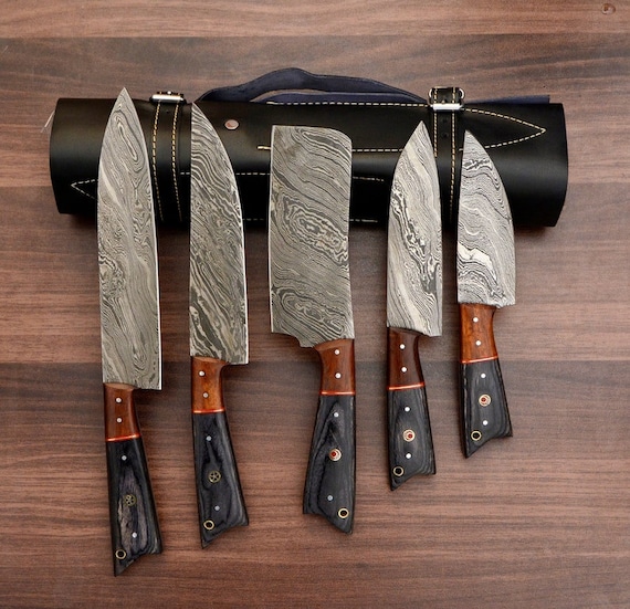 HM-(Brown) Custom Made Damascus Steel #6 Pcs of Professional Utility  Kitchen knives Set Comes with Sweet Leather Roll Kit (3712)