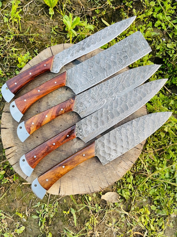 Handmade Damascus Steel Blade Kitchen Knife Set 5pcs Best Damascus Chef Knife Set Professional Kitchen Cooking Knives with Leather Case/Bag