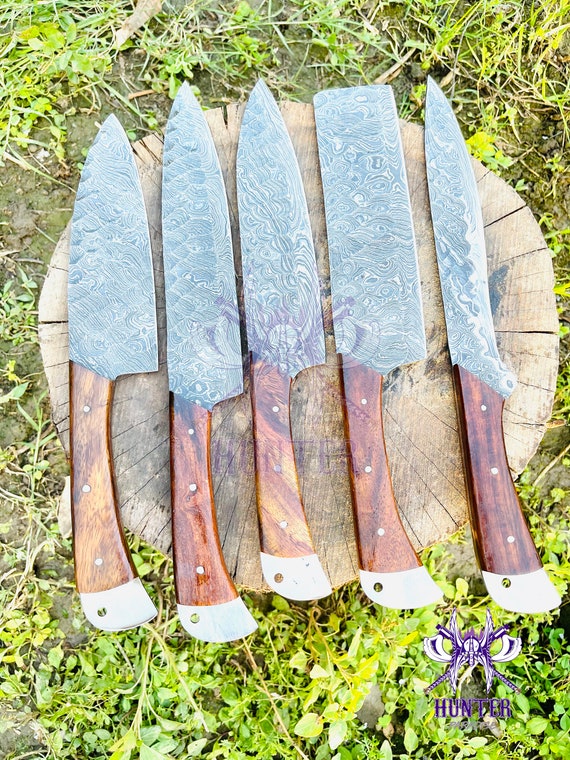 Handmade Damascus Chef Knife Set, of 5 Pcs Kitchen Knives, Mothers Day Gift  